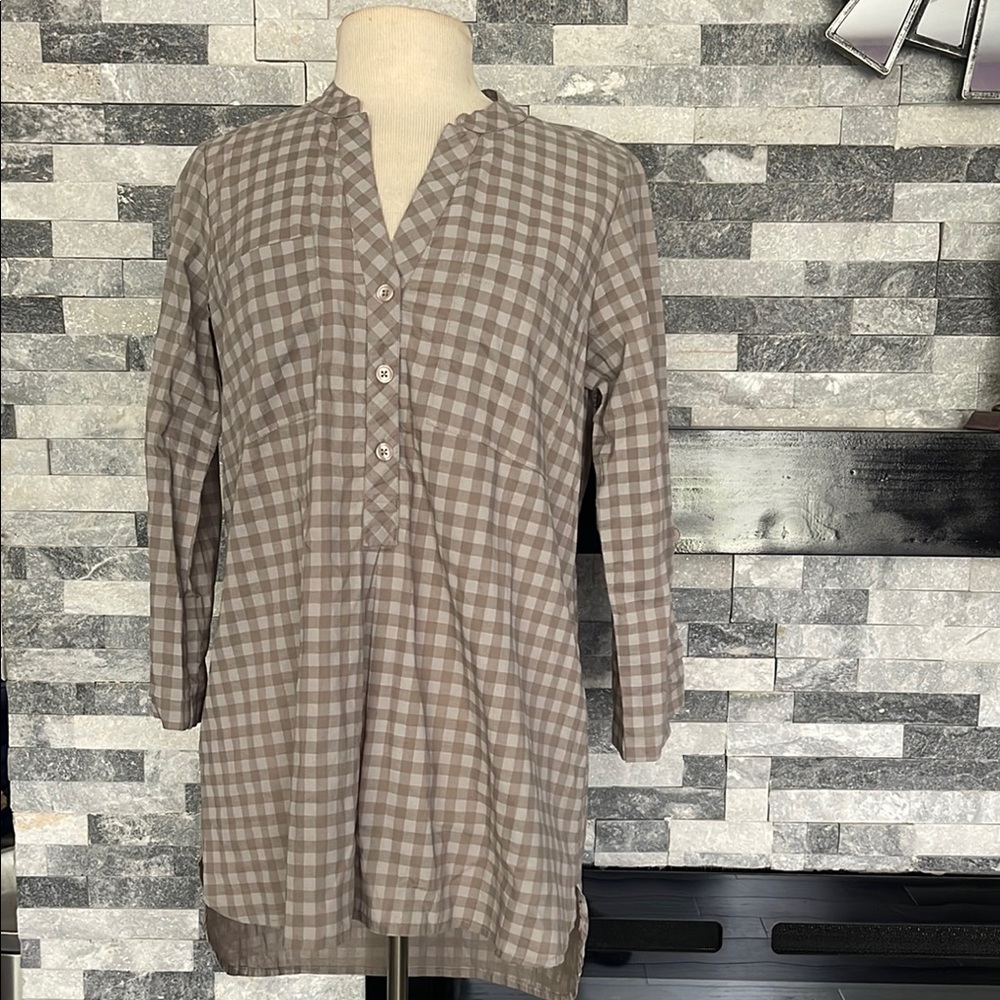 Soft Surroundings Shirt Womens S Beige Plaid Popover Button Up Tunic